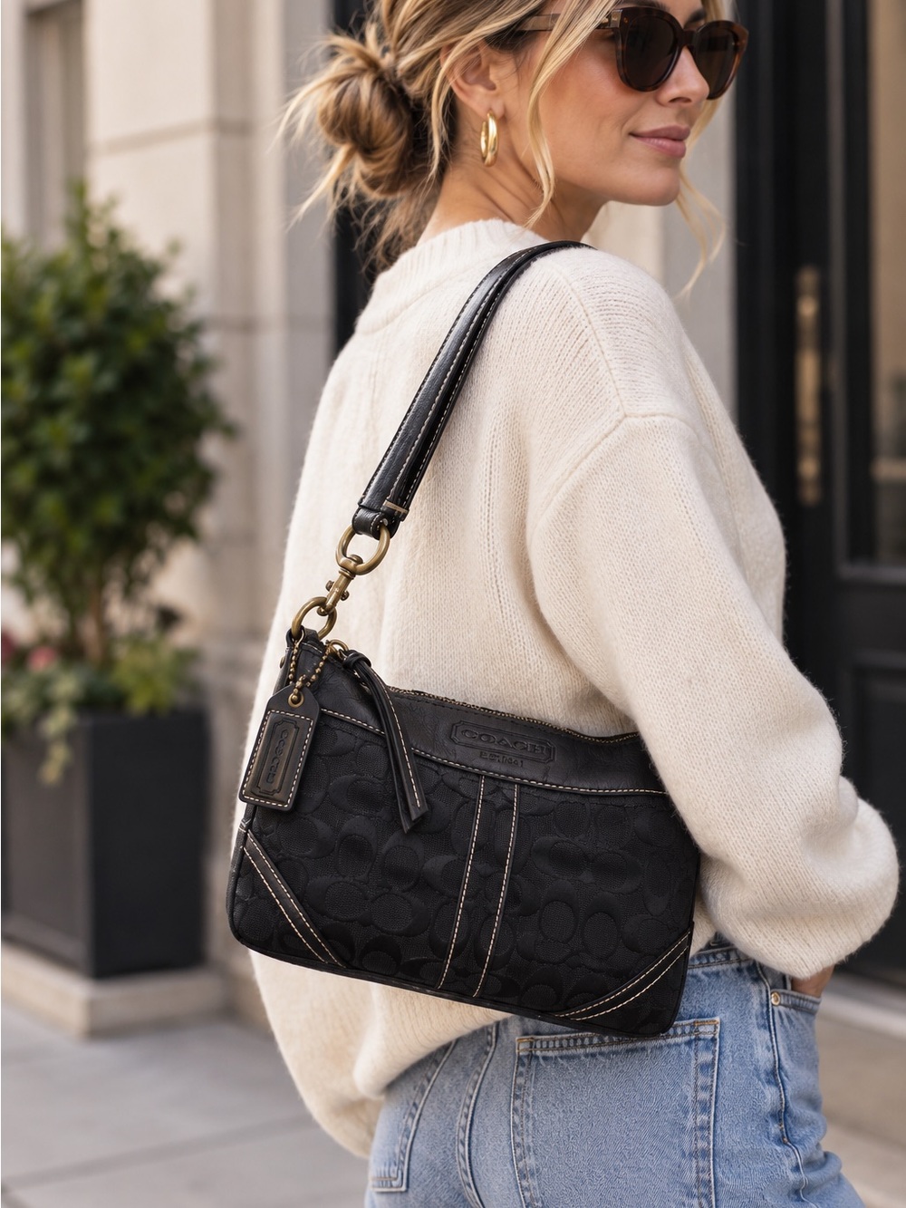 Y2K Coach Black Signature Jacquard Leather Shoulder Bag Vintage